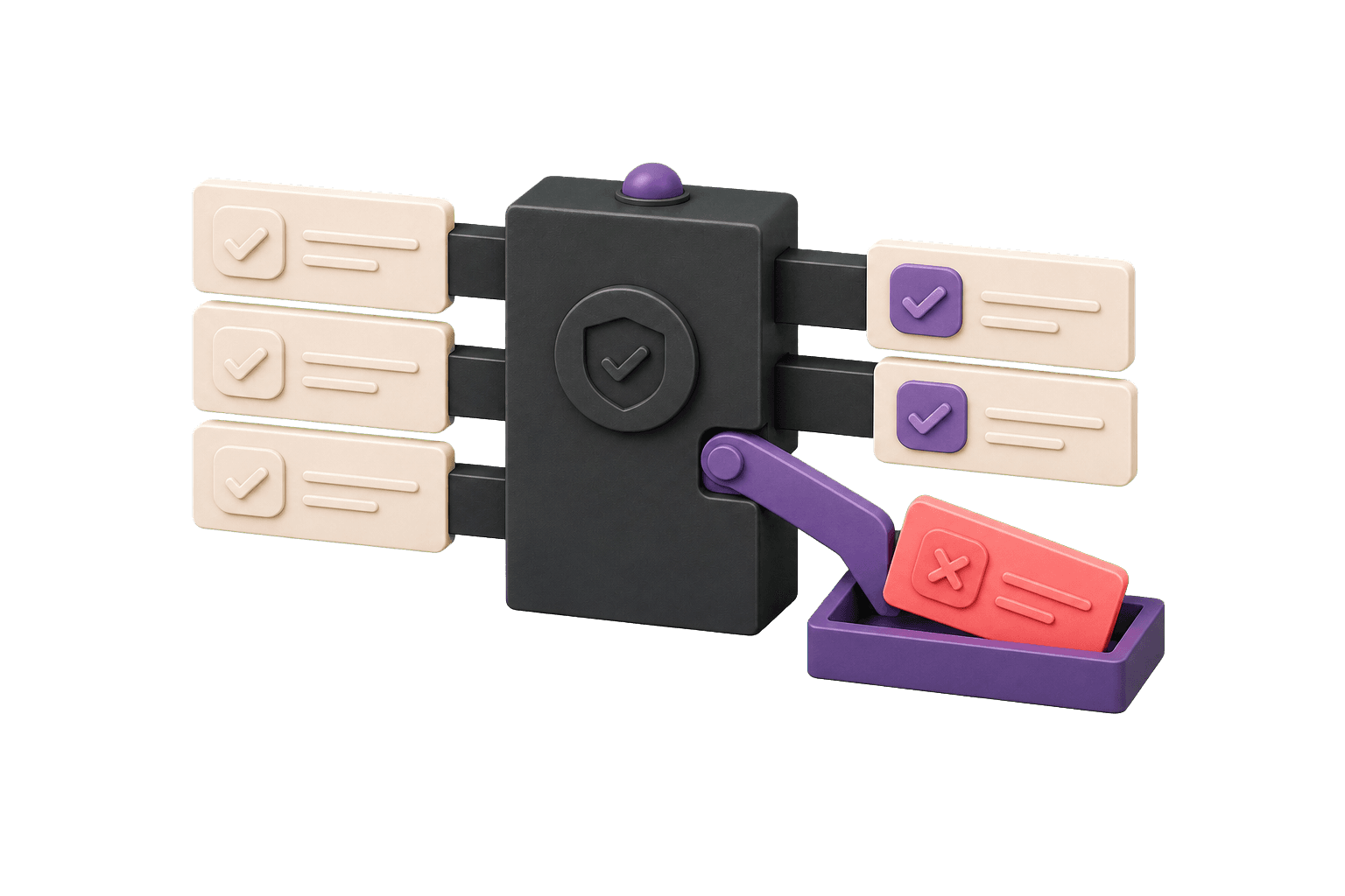Rules engine sorting reviewed work — approved items pass through, rejected items are filtered out